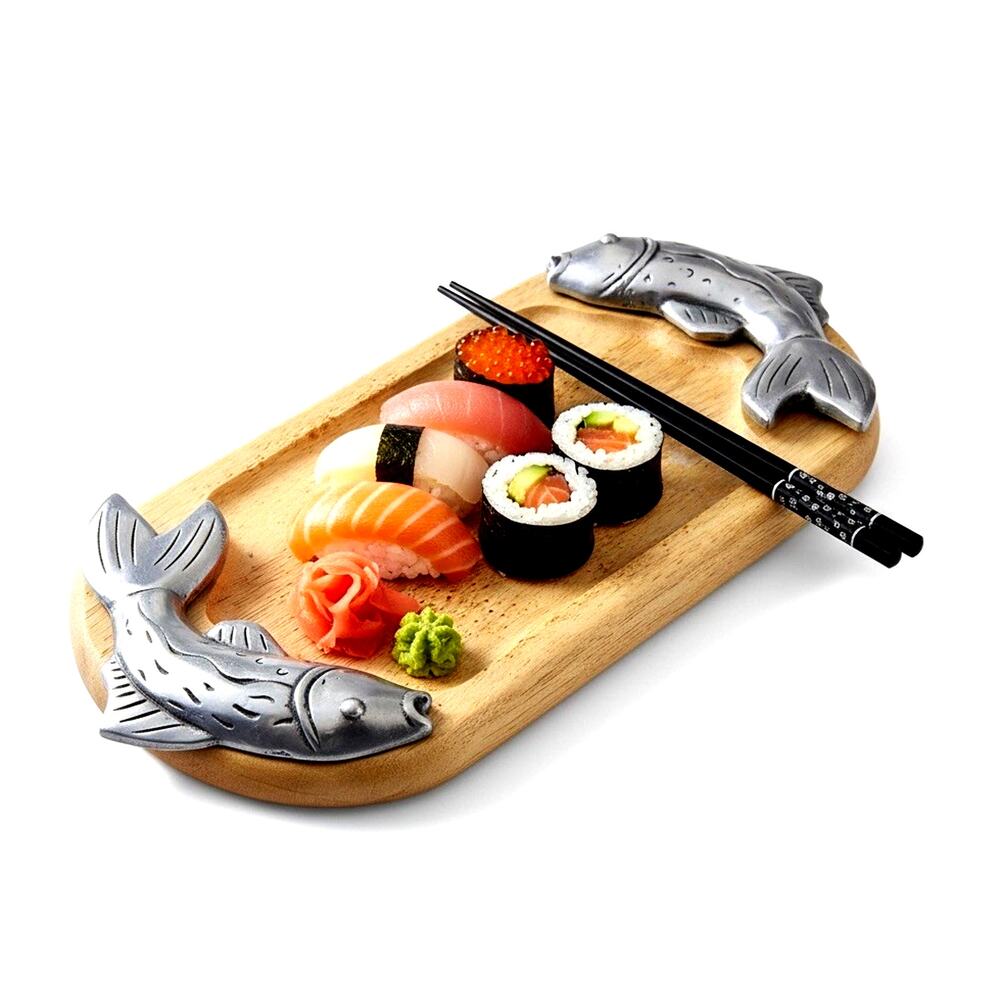 VTG Wood Sushi Tray Fish Pewter Serving Tray Nautical Decor Party Cheese Seafood